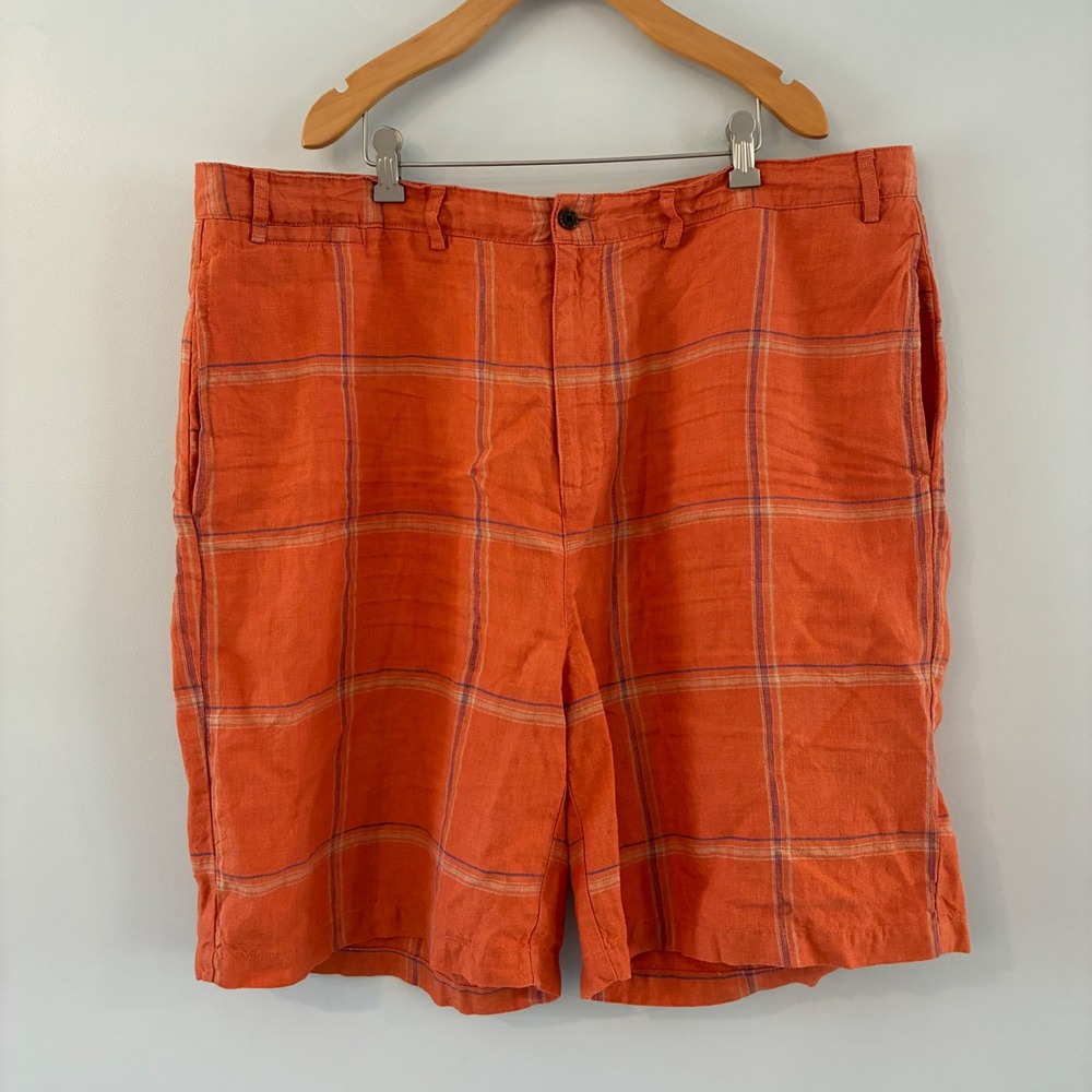 Caribbean Joe Shorts Mens 42 Orange Plaid Linen Blend Flat Front Casual Tropical